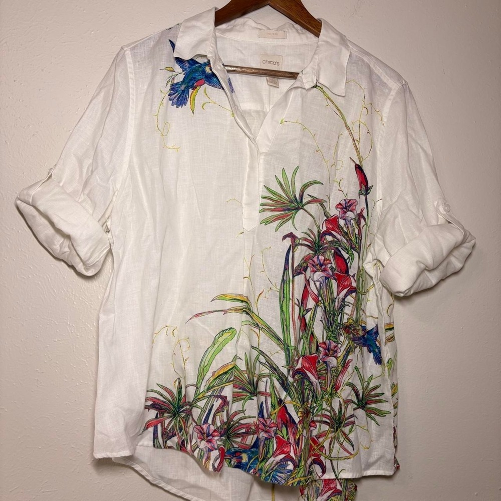 Chicos Women's 3P/ XL/ 16‎ 100% Linen Floral Artsy Colorful Tunic Top